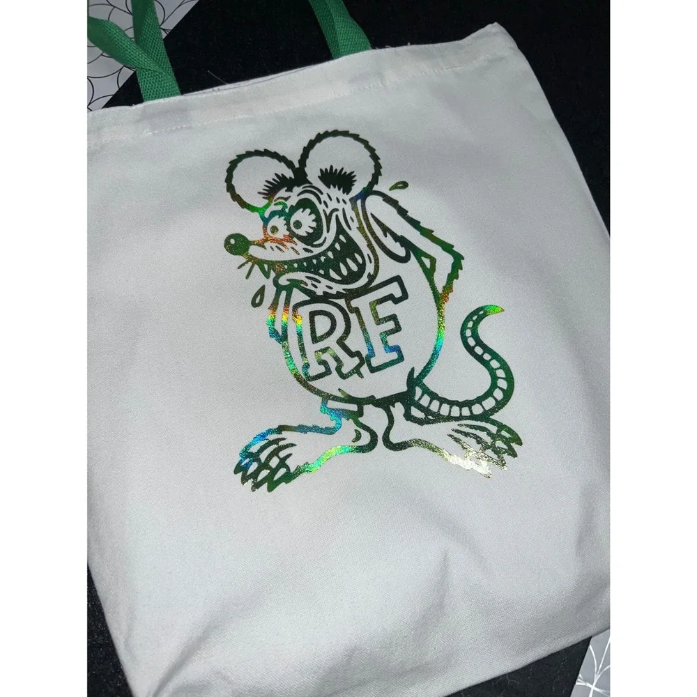 Rat Fink Tote Bag Unisex OS White Excellent Iridescent Graphic Canvas